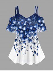 Flower Leaf Colorblock Print Cold Shoulder T-shirt -  