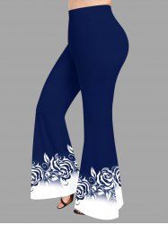 Rose Flower Leaf Skull Colorblock Print Flare Pants -  