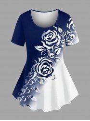 Rose Flower Leaf Skull Colorblock Print T-shirt - Bleu profond XS