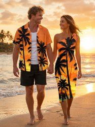 Coconut Tree Cloud Ombre Print Matching Hawaii Beach Outfit For Couples -  