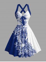 Skulls Tropical Leaf Hibiscus Flower Print Hawaii Halter Crisscross Strappy A Line Dress - Bleu XXL