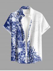 Skulls Tropical Leaf Hibiscus Flower Print Hawaii Button Pocket Shirt For Men - Bleu 5XL