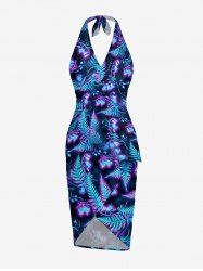 Glitter Tropical Leaf Flower Print Hawaii Convertible Beach Cover Up -  
