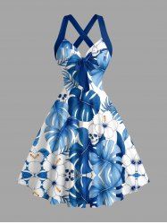 Skull Hibiscus Flower Tropical Leaf Print Crisscross Straps Bowknot Hawaii Tank Dress -  