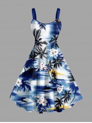 Hibiscus Flower Coconut Tree Sea Waves Print Hawaii Tank Dress - Bleu profond M