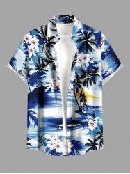 Hibiscus Flower Coconut Tree Sea Waves Print Buttons Pocket Hawaii Shirt For Men -  