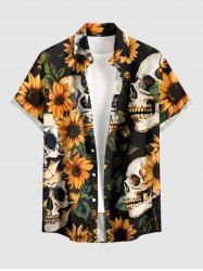 Skulls Sunflower Leaf Print Hawaii Button Pocket Shirt For Men -  