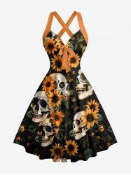Skulls Sunflower Leaf Print Hawaii Halter Crisscross Strappy A Line Dress -  