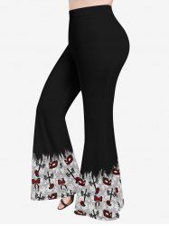 Pantalon évasé imprimé fleurs, masque, nœud et chandeliers Halloween - Noir L
