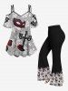 Pantalon évasé imprimé fleurs, masque, nœud et chandeliers Halloween - Noir L