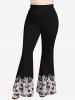 Pantalon évasé imprimé fleurs, masque, nœud et chandeliers Halloween - Noir L