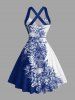 Skulls Tropical Leaf Hibiscus Flower Print Hawaii Halter Crisscross Strappy A Line Dress - Bleu XXL