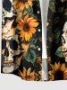 Skulls Sunflower Leaf Print Hawaii Button Pocket Shirt For Men -  