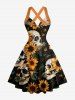 Skulls Sunflower Leaf Print Hawaii Halter Crisscross Strappy A Line Dress -  