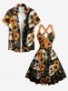 Skulls Sunflower Leaf Print Hawaii Halter Crisscross Strappy A Line Dress -  