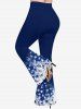 Flower Leaf Colorblock Print Flare Pants - Bleu profond M