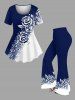 Rose Flower Leaf Skull Colorblock Print T-shirt - Bleu profond XS