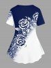 Rose Flower Leaf Skull Colorblock Print T-shirt - Bleu profond XS
