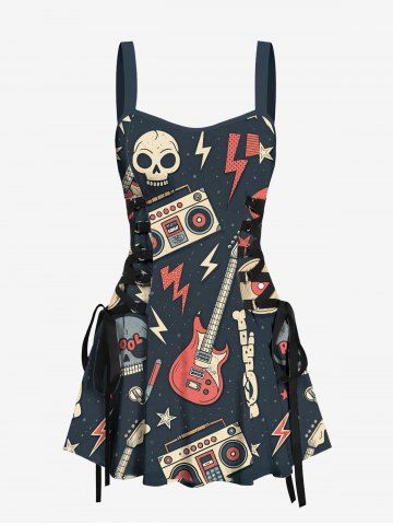 Robe débardeur trapèze à lacets avec imprimé tête de mort, guitare et radio, style rock and roll hawaïen