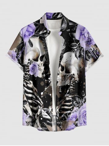 Skulls Skeleton Lovers Flower Print Hawaii Button Pocket Shirt For Men - PURPLE - 2XL
