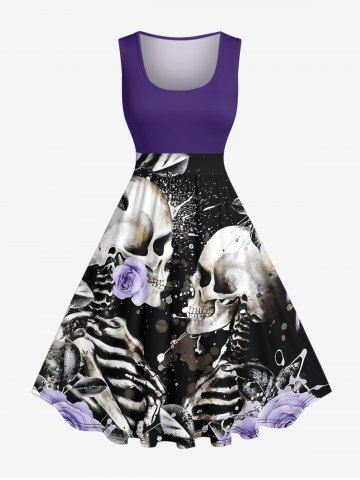 Skulls Skeleton Lovers Flower Print Hawaii Vintage Swing A Line Dress - PURPLE - 3X