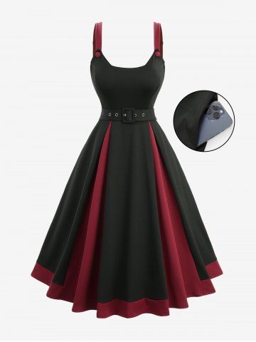 Robe vintage grande taille à patchwork et boutons, plissée, avec ceinture à œillets - BLACK - 4X | US 26-28