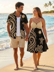 Turtle Sun Ethnic Graphic Print Matching Hawaii Beach Outfit For Couples -  
