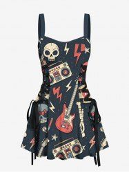 Skull Guitar Radio Print Hawaii Rock and Roll Lace Up A Line Tank Dress -  