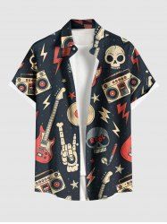Plus Size Skull Guitar Radio Print Hawaii Rock and Roll Button Pocket Shirt For Men -  