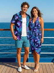 Glitter Tropical Leaf Flower Print Matching Hawaii Beach Outfit For Couples - Bleu profond 