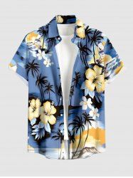 Coconut Tree Sea Hibiscus Flower Print Hawaii Button Pocket Shirt For Men -  