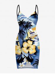 Coconut Tree Sea Hibiscus Flower Print Hawaii Convertible Beach Cover Up -  