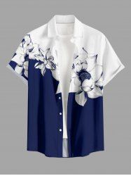 Contrast Colorblock Flower Print Hawaii Button Pocket Shirt For Men -  