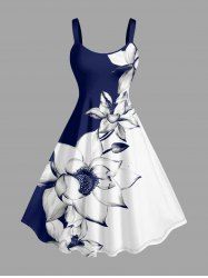 Contrast Colorblock Flower Print Hawaii A Line Dress - Bleu profond M