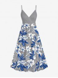 Flowers Leaf Print Surplice Hawaii Midi Dress - Gris Clair S
