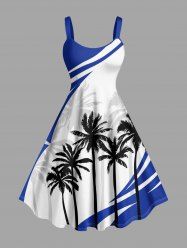 Coconut Tree Curve Colorblock Print Hawaii Tank Dress - Bleu 2X