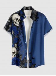 Skulls Rose Flower Butterfly Print Hawaii Button Pocket Shirt For Men -  