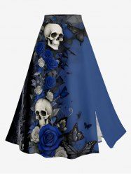 Skulls Rose Flower Butterfly Print Hawaii Split A Line Skirt - Bleu profond 4X