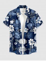 Plus Size Flower Leaf Print Hawaii Button Pocket Shirt For Men - Cadetblue 2XL