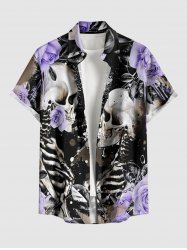 Chemise hawaïenne à boutons et poche pour hommes - Imprimé crânes et fleurs pour amateurs de squelettes - Pourpre  S