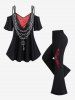 Chain Key Scarf Print T-shirt and Floral Mesh Flockinig Pocket Flare Pants Plus Size Outfit - Noir 