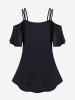 Chain Key Scarf Print T-shirt and Floral Mesh Flockinig Pocket Flare Pants Plus Size Outfit - Noir 