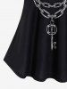 Chain Key Scarf Print T-shirt and Floral Mesh Flockinig Pocket Flare Pants Plus Size Outfit - Noir 