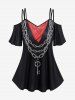 Chain Key Scarf Print T-shirt and Floral Mesh Flockinig Pocket Flare Pants Plus Size Outfit - Noir 