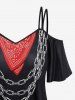 Chain Key Scarf Print T-shirt and Floral Mesh Flockinig Pocket Flare Pants Plus Size Outfit - Noir 