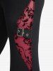 Chain Key Scarf Print T-shirt and Floral Mesh Flockinig Pocket Flare Pants Plus Size Outfit - Noir 