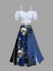 Skulls Rose Flower Butterfly Print Hawaii Split A Line Skirt - Bleu profond 4X