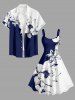 Contrast Colorblock Flower Print Hawaii A Line Dress - Bleu profond M