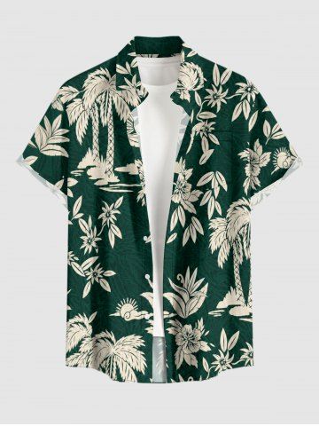 Coconut Tree Flower Leaf Sun Print Buttons Pocket Hawaii Shirt For Men