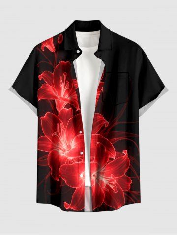 Glitter Ombre Hibiscus Flower Print Hawaii Button Pocket Shirt For Men - RED - L